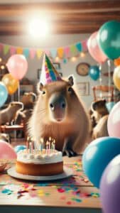 A cheerful 1440x2560 pixel vertical wallpaper captures a capybara wearing a colorful party hat, standing in front of a birthday cake with lit candles. The room is decorated with colorful balloons and streamers, with other blurred capybaras in the background, creating a festive atmosphere. This image makes an adorable 4K capybara wallpaper for iPhone and Android.
