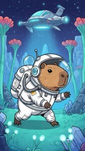 An imaginative 1440x2560 pixel capybara wallpaper illustrating a cartoon capybara in a white astronaut suit with a clear helmet, walking on an alien planet under a starry, deep blue sky. Unusual alien plants with pink flowers and glowing blue elements populate the landscape, with a futuristic spaceship hovering above. This creative and adventurous 4K capybara wallpaper is a fun choice for iPhone and Android capybara wallpapers.