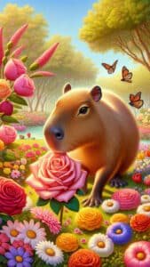 A vibrant 1440x2560 pixel vertical wallpaper depicts a capybara gently sniffing a large pink rose in a lush, colorful flower garden. Butterflies flutter nearby, and a tranquil pond is visible in the background, creating a serene and beautiful natural scene. This high-quality image is ideal as a 4K capybara wallpaper for iPhone and Android.