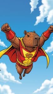 An exciting 1440x2560 pixels capybara wallpaper, suitable for 4K iPhone or Android capybara wallpapers. A heroic capybara, labeled "Capybara Man," soars through a bright blue sky with fluffy white clouds. It wears a red and yellow superhero costume with a prominent "C" on its chest and a flowing yellow cape, arms outstretched as if in flight.