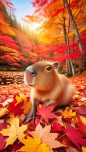 A warm 1440x2560 pixel vertical wallpaper showcases a capybara among a carpet of red and orange autumn leaves. The background is filled with trees displaying brilliant fall foliage, illuminated by soft sunlight. This visually rich image would be a fantastic 4K capybara wallpaper for iPhone and Android devices.