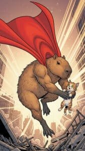 An action-packed 1440x2560 pixel capybara wallpaper illustrating a muscular capybara wearing a flowing red superhero cape, dramatically flying through a cityscape. It holds a small, wide-eyed ginger kitten safely in its arm. The background shows damaged buildings and bright light rays, giving the impression of a heroic rescue. This dynamic and fun 4K capybara wallpaper is a unique choice for iPhone and Android capybara wallpapers.
