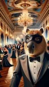 A sophisticated 1440x2560 pixel vertical wallpaper features a capybara wearing a sharp tuxedo and a black masquerade mask, standing in a grand ballroom. In the background, elegantly dressed people are mingling under sparkling chandeliers, creating a luxurious and mysterious ambiance. This makes for a truly unique 4K capybara wallpaper for iPhone and Android.