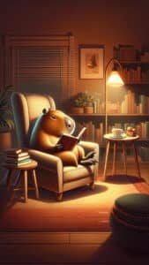 A cozy 1440x2560 pixel vertical wallpaper shows a capybara comfortably seated in a plush armchair, engrossed in reading a book under the warm glow of a floor lamp. The room features a bookshelf filled with books and a small table with a teacup, creating a peaceful and inviting atmosphere. This charming image makes an excellent 4K capybara wallpaper for iPhone and Android.