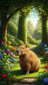 A charming 1440x2560 pixels capybara wallpaper, perfect for 4K iPhone or Android capybara wallpapers. A capybara sits peacefully on a grassy path in a vibrant, sunlit garden. The garden is overflowing with colorful flowers in shades of red, pink, purple, and blue, and lush green trees with vines adding to the enchanting atmosphere.