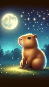 A magical 1440x2560 pixel vertical wallpaper displays a capybara sitting in a moonlit field under a sky full of twinkling stars. A large, bright full moon dominates the upper left, casting a soft glow over the landscape and silhouetted trees. This enchanting image is an excellent 4K capybara wallpaper for iPhone and Android.