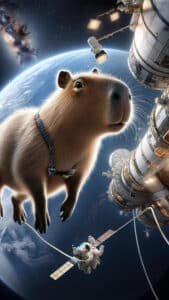 A futuristic 1440x2560 pixel vertical wallpaper depicts a capybara in a harness, seemingly floating in space near a detailed space station, with a vibrant Earth in the background. Stars and distant galaxies are visible, creating a grand and adventurous cosmic scene. This makes for a captivating 4K capybara wallpaper for iPhone and Android.