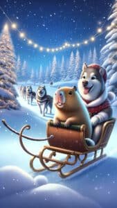 A festive 1440x2560 pixel vertical wallpaper shows a capybara and a husky dog wearing a Santa hat, riding in a wooden sleigh pulled by a team of huskies through a snowy winter wonderland. The scene is illuminated by string lights, with snow-covered trees in the background, creating a cheerful holiday atmosphere. This adorable image is ideal as a 4K capybara wallpaper for iPhone and Android.