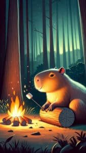 A cozy 1440x2560 pixel vertical wallpaper depicts a happy capybara sitting on a log beside a glowing campfire, roasting a marshmallow on a stick in a dark forest. Tall trees rise into the night sky, and the fire casts a warm, inviting glow. This charming image makes an excellent 4K capybara wallpaper for iPhone and Android.