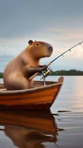 A peaceful 1440x2560 pixel vertical wallpaper shows a capybara sitting in a small wooden boat on calm water, holding a fishing rod. The sky above is a soft, overcast grey, and a distant shoreline with trees is visible, creating a tranquil fishing scene. This image is perfect as a 4K capybara wallpaper for iPhone and Android.