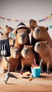 A humorous 1440x2560 pixel vertical wallpaper shows a group of capybaras gathered around a smartphone on a tripod, appearing to take a selfie. One capybara wears a fedora, and snacks are on the table in front, with party decorations in the background. This fun image is perfect as a 4K capybara wallpaper for iPhone and Android.