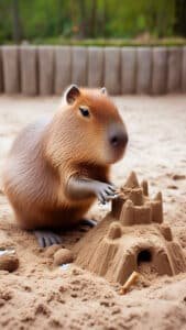 A delightful 1440x2560 pixel vertical wallpaper shows a capybara meticulously building a sandcastle on a sandy surface, with a partially built structure and loose sand around its paws. The background is slightly blurred with a low wall, suggesting a sandy enclosure or beach. This charming image is perfect as a 4K capybara wallpaper for iPhone and Android.