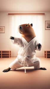 A unique 1440x2560 pixel vertical wallpaper features a capybara dressed in a white martial arts gi, striking a focused pose on a wooden floor in a dojo setting. The background is simple with light walls and windows, emphasizing the capybara's disciplined posture. This makes for an interesting 4K capybara wallpaper for iPhone and Android.