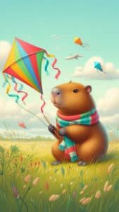 A whimsical 1440x2560 pixel vertical wallpaper shows a capybara wearing a colorful striped scarf, holding the string of a vibrant, multi-colored diamond kite flying high in a partly cloudy sky. Other kites are visible in the distance over a grassy field, suggesting a breezy and fun outdoor day. This unique image is perfect as a 4K capybara wallpaper for iPhone and Android.