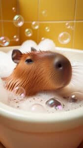 A cute 1440x2560 pixel vertical wallpaper features a capybara taking a relaxing bubble bath in a white tub, with numerous iridescent bubbles floating around. The background consists of yellow tiled walls, suggesting a cozy bathroom setting. This adorable image is perfect as a 4K capybara wallpaper for both iPhone and Android devices.