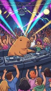 A lively 1440x2560 pixels capybara wallpaper, great for 4K iPhone or Android capybara wallpapers. A large capybara is the DJ at a vibrant, crowded party, standing behind a set of turntables. Colorful lights stream from above onto a dancing crowd with their hands raised, creating an energetic and fun atmosphere.