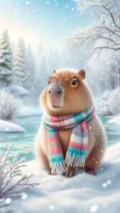 A cozy 1440x2560 pixel vertical wallpaper features a capybara wearing a colorful striped scarf in a snowy winter landscape. Snowflakes gently fall around the capybara, with snow-covered trees and a partially frozen river in the background, creating a whimsical and charming scene. This makes for a unique 4K capybara wallpaper for iPhone and Android.