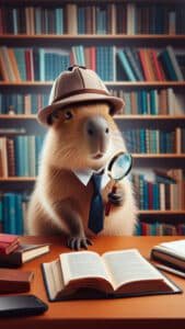 A detailed 1440x2560 pixel vertical wallpaper showcases a capybara dressed as a detective, wearing a trench coat, tie, and deerstalker hat, holding a magnifying glass over an open book on a wooden desk. A wall of bookshelves filled with books serves as the background, suggesting an intense investigation in a grand library. This well-suited as a 4K capybara wallpaper for iPhone and Android.