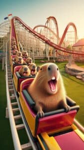 An exciting 1440x2560 pixel vertical wallpaper captures a thrilled capybara with an open mouth, riding the front car of a yellow and pink roller coaster, with other capybaras following behind. The red tracks of the roller coaster loop around in the background under a bright sky, conveying a sense of exhilarating speed. This makes for a dynamic 4K capybara wallpaper for iPhone and Android.