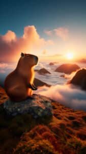 A breathtaking 1440x2560 pixel vertical wallpaper features a capybara sitting on a rock on a mountainside, looking out over a stunning sunset. Below, clouds fill the valleys between distant peaks, illuminated by the golden glow of the setting sun, creating a serene and majestic view. This enchanting image is an excellent 4K capybara wallpaper for iPhone and Android.
