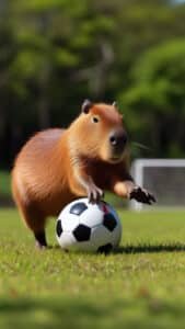 A playful 1440x2560 pixel vertical wallpaper shows a capybara on a lush green soccer field, with its paw on a classic black and white soccer ball. A goal net is blurred in the background, suggesting a fun outdoor activity. This high-quality image is ideal as a 4K capybara wallpaper for iPhone and Android users.