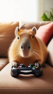 A relatable 1440x2560 pixel vertical wallpaper shows a capybara holding a black video game controller with colorful buttons, looking directly at the viewer as if immersed in a game. The capybara is seated on a cozy, light brown sofa with blurred pillows in the background, creating a relaxed indoor gaming scene. This image is ideal as a 4K capybara wallpaper for iPhone and Android.