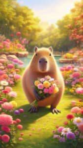 A charming 1440x2560 pixel vertical wallpaper features a capybara standing in a vibrant field of colorful flowers, holding a beautiful bouquet of roses and other blossoms. A serene pond is visible in the sun-drenched background, creating a picturesque and sweet scene. This makes for a delightful 4K capybara wallpaper for iPhone and Android.
