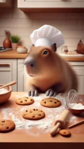 A vertical 1440x2560 pixel capybara wallpaper. This 4K capybara wallpaper for iPhone and Android depicts a capybara wearing a chef's hat, surrounded by chocolate chip cookies and baking ingredients like flour, a rolling pin, and a whisk on a wooden counter in a kitchen setting.