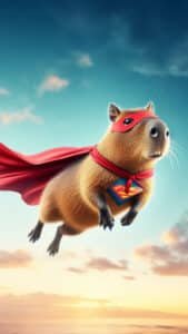A vertical 1440x2560 pixel capybara wallpaper. This 4K capybara wallpaper for iPhone and Android features a capybara flying through a partly cloudy sky, wearing a red superhero mask and cape, with a classic blue and red superhero emblem on its chest.