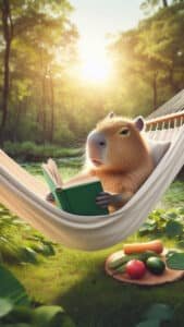 A vertical 1440x2560 pixel capybara wallpaper. This 4K capybara wallpaper for iPhone and Android shows a capybara relaxing in a white hammock, reading a green book, under the warm sunlight filtering through trees. A plate with fruits and vegetables is on the grass next to the hammock.