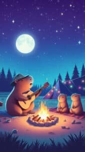 A vertical 1440x2560 pixel capybara wallpaper. This 4K capybara wallpaper for iPhone and Android shows a capybara playing a guitar next to a campfire under a starry night sky with a large full moon. Two smaller capybaras are seated attentively beside the fire, with a tent and pine trees in the background.
