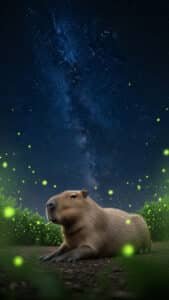 A breathtaking 1440x2560 pixels capybara wallpaper, ideal for 4K iPhone or Android capybara wallpapers. A capybara lies calmly on the ground under a magnificent night sky, filled with countless stars and the visible Milky Way. Green, glowing fireflies or plants illuminate the foreground, adding a magical touch to the nocturnal scene.