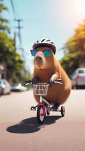 A vertical 1440x2560 pixel capybara wallpaper. This 4K capybara wallpaper for iPhone and Android shows a cool capybara wearing a helmet and blue sunglasses, riding a small white and red tricycle with a front basket on a paved road. The background is slightly blurred with trees and buildings.