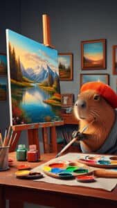 A vertical 1440x2560 pixel capybara wallpaper. This 4K capybara wallpaper for iPhone and Android depicts a capybara wearing an orange beanie and a grey sweater, painting a scenic landscape on an easel. A palette with colorful paints and brushes are on the table in front of it, with other framed paintings on the wall in the background.