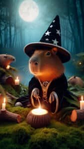 A vertical 1440x2560 pixel capybara wallpaper. This 4K capybara wallpaper for iPhone and Android features a capybara dressed as a wizard, complete with a starry black hat and a dark robe, holding a glowing object. The scene is set in a mystical, dimly lit forest with other capybaras in the background, surrounded by glowing candles and a full moon.