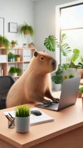 A vertical 1440x2560 pixel capybara wallpaper. This 4K capybara wallpaper for iPhone and Android features a capybara sitting at a wooden desk and typing on a silver laptop. The background shows an office-like setting with shelves, plants, and a window with bright natural light.
