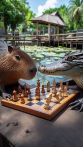 A vertical 1440x2560 pixel capybara wallpaper. This 4K capybara wallpaper for iPhone and Android captures a close-up of a capybara and an alligator playing chess on a wooden table. A body of water with lily pads and a rustic wooden structure are visible in the background under a sunny sky.