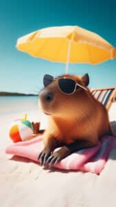 A vertical 1440x2560 pixel capybara wallpaper. This 4K capybara wallpaper for iPhone and Android shows a capybara wearing black sunglasses, relaxing on a pink and white striped towel under a yellow beach umbrella on a sandy beach. A beach ball and a lounge chair are also visible, with the ocean in the background.