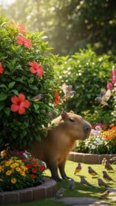 A delightful 1440x2560 pixels capybara wallpaper, perfect for 4K iPhone or Android capybara wallpapers. A capybara is featured in a sun-drenched garden, surrounded by various small, colorful birds. Some birds perch on a vibrant red hibiscus bush, while others are on the grass or in flight, creating a harmonious and natural scene.