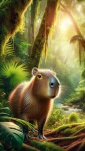 A stunning 1440x2560 pixel vertical wallpaper showcases a realistic capybara standing in a dense, sun-drenched jungle. Golden light filters through the canopy, illuminating the capybara's fur and the rich green foliage, with a stream visible in the background. This high-quality image is perfect as a 4K capybara wallpaper for iPhone and Android users.