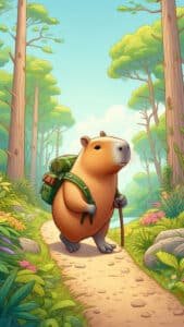 A vertical 1440x2560 pixel capybara wallpaper. This 4K capybara wallpaper for iPhone and Android depicts a cute capybara with a green backpack and a walking stick, hiking on a winding dirt path through a forest. The trees have lush green canopies and a river is visible in the background.
