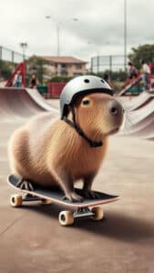 A vertical 1440x2560 pixel capybara wallpaper. This 4K capybara wallpaper for iPhone and Android features a capybara wearing a grey helmet, standing on a skateboard in a skate park. Other people are visible in the background on various ramps.