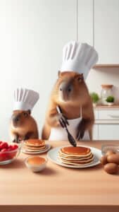 A vertical 1440x2560 pixel capybara wallpaper. This 4K capybara wallpaper for iPhone and Android shows two capybaras dressed as chefs with white hats and aprons, preparing pancakes in a modern kitchen. One capybara holds a spatula over a stack of pancakes, while another smaller capybara stands next to it.