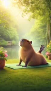 A vertical 1440x2560 pixel capybara wallpaper. This 4K capybara wallpaper for iPhone and Android features a capybara doing a yoga pose on a green yoga mat in a lush, sun-dappled outdoor setting next to a body of water. Pink flowers in a pot are in the foreground.