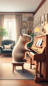 A vertical 1440x2560 pixel capybara wallpaper. This 4K capybara wallpaper for iPhone and Android depicts a capybara wearing round eyeglasses, sitting on a stool and playing a wooden upright piano in a warmly lit room. The room has patterned wallpaper, framed pictures, and a comfortable armchair.