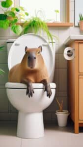 A vertical 1440x2560 pixel capybara wallpaper. This 4K capybara wallpaper for iPhone and Android shows a capybara sitting on a white toilet, with its front paws resting on the rim. The bathroom has green plants and a wooden vanity.