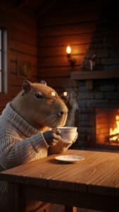 A vertical 1440x2560 pixel capybara wallpaper. This 4K capybara wallpaper for iPhone and Android features a capybara wearing glasses and a knitted sweater, sitting at a wooden table and holding a steaming teacup. In the background, a warm fire crackles in a brick fireplace, creating a cozy atmosphere in a wooden cabin.