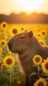 A vertical 1440x2560 pixel capybara wallpaper. This 4K capybara wallpaper for iPhone and Android features a capybara in a field of vibrant yellow sunflowers during sunset or sunrise, with warm orange light illuminating the scene and distant hills.