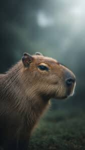 A vertical 1440x2560 pixel capybara wallpaper. This 4K capybara wallpaper for iPhone and Android is a close-up portrait of a capybara looking to the right, with water droplets visible on its fur. The background is a soft, misty, and dark green.