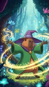 A whimsical 1440x2560 pixels capybara wallpaper, excellent for 4K iPhone or Android capybara wallpapers. A capybara, dressed as a wizard in a purple pointy hat and green robe, stands in a magical forest. Its paws are outstretched, conjuring golden, sparkling energy and light, with glowing butterflies adding to the enchanting effect.